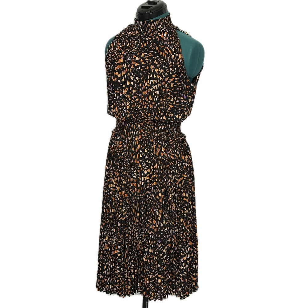 Nanette Lepore Pleated Smocked Mock Neck Dress 8 Black Orange Abstract NM2F171Q3